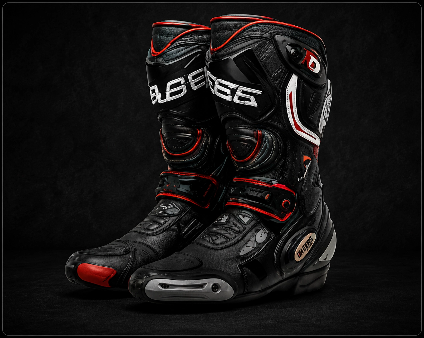 Protective motorcycle racing boots with ankle and shin support