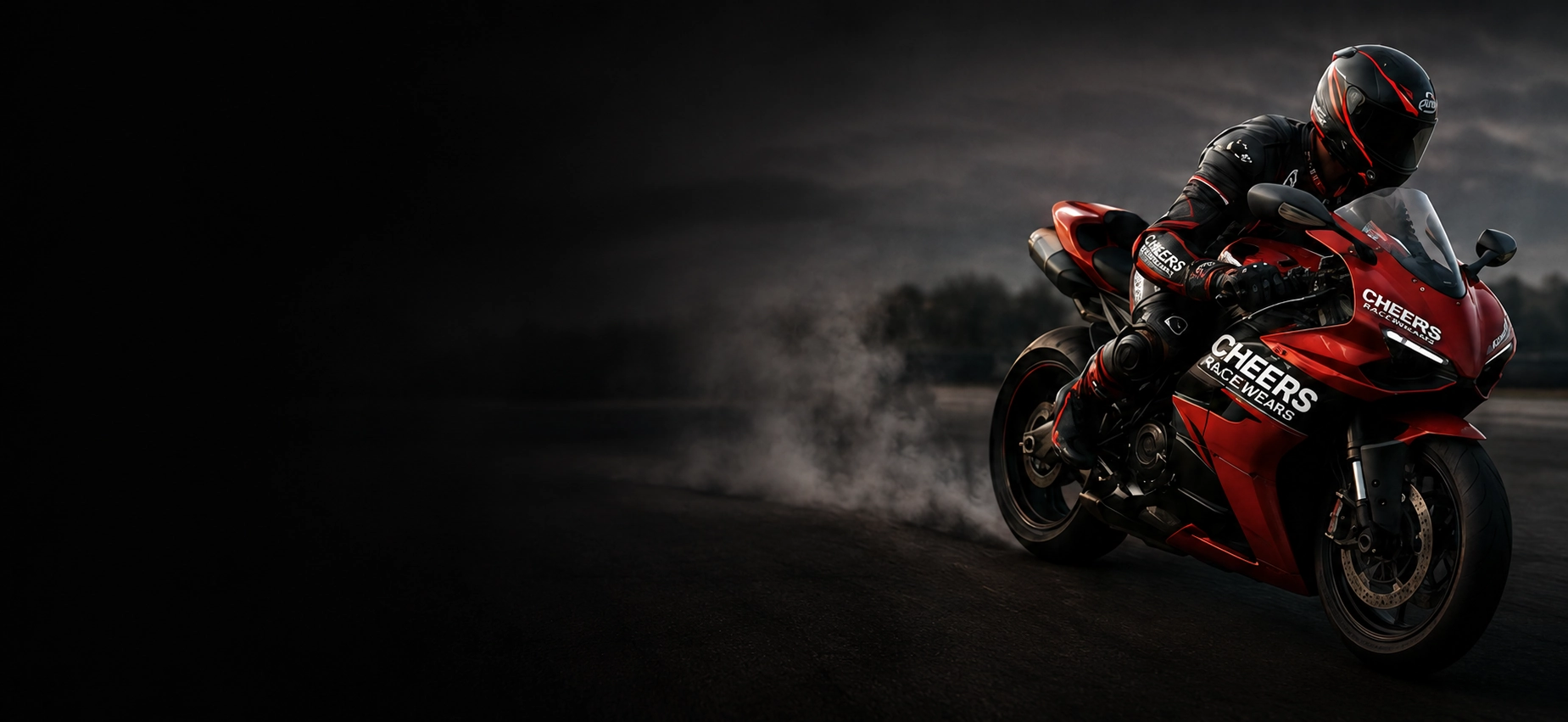 Custom motorcycle racing suit rider on a red sport motorcycle